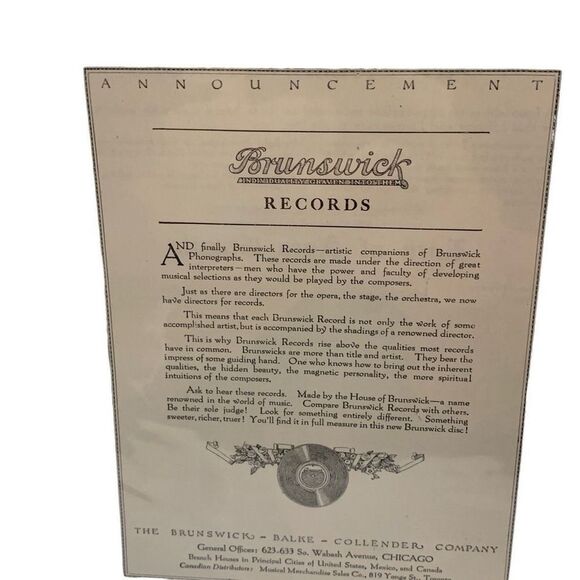Vintage 1920 Brunswick Records Chicago Ad Advertisement - Picture 1 of 4